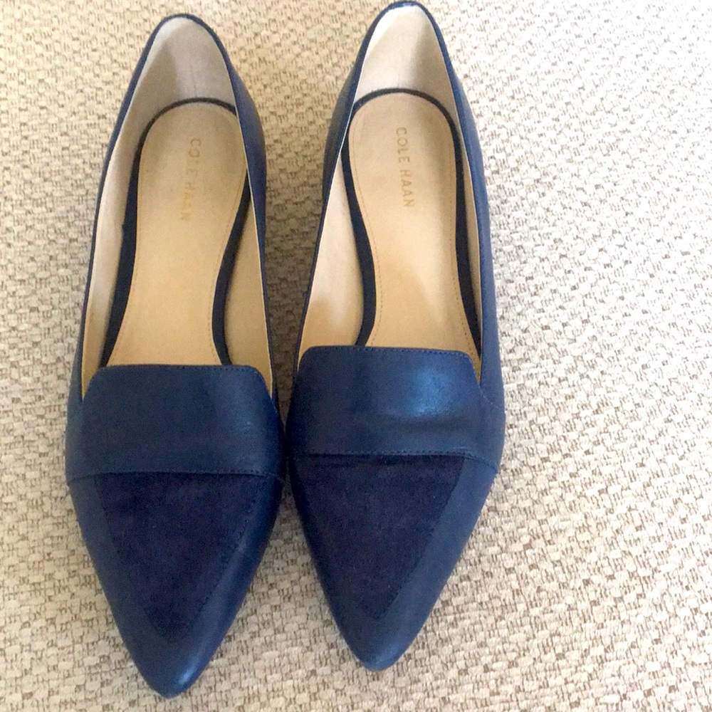 Cole Haan blue leather pointed loafers with suede detail